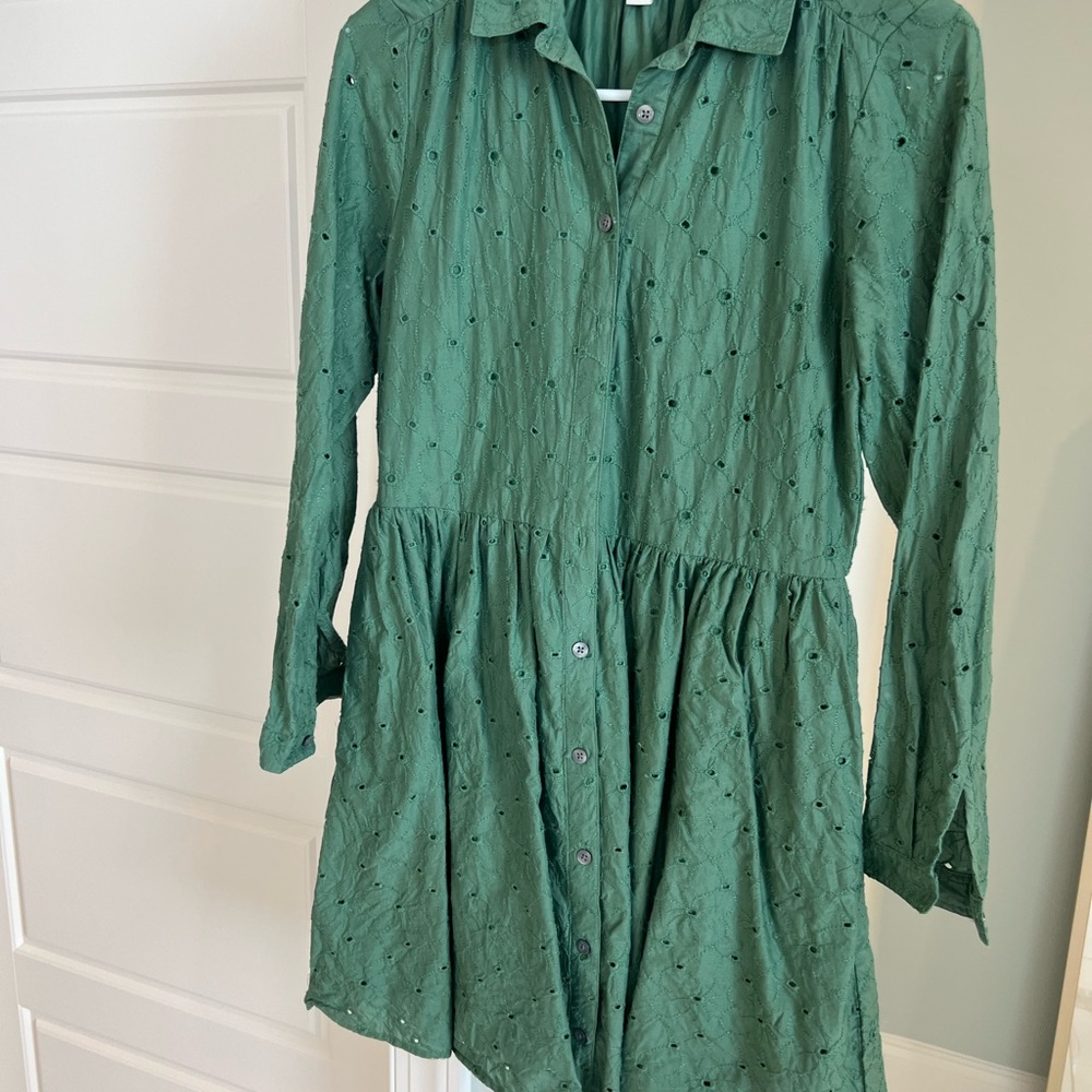 J Crew Green Eyelet Button-Front Shirt Dress